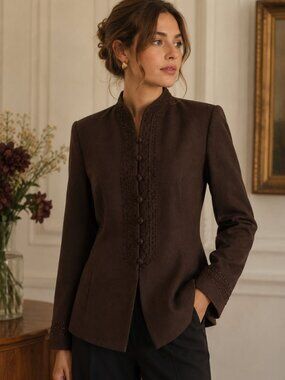 Kasper Vintage Wool Beaded Blazer Brown Mandarin Collar Jacket Classic 8 Evening